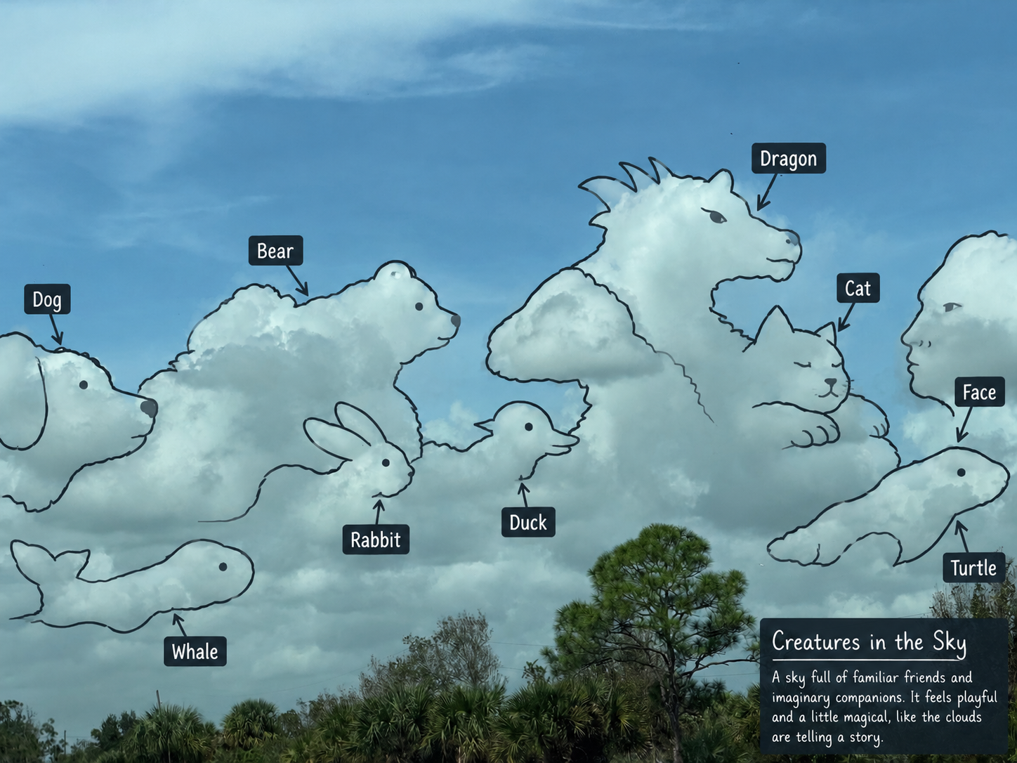 ChatGPT's first output, tracing a dog, bear, dragon, cat, face, rabbit, duck, whale, and turtle on the cloud photograph.