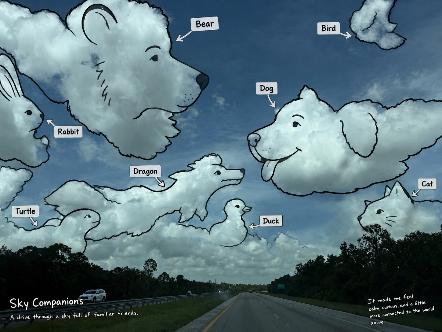 ChatGPT's highway output with more familiar animals outlined above the road.