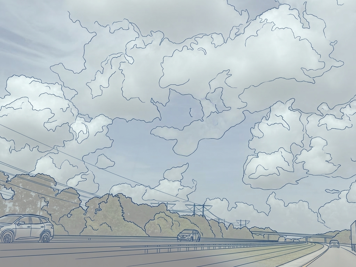 Gemini's fourth output turns the entire road and cloudy sky into a pale coloring-book tracing.