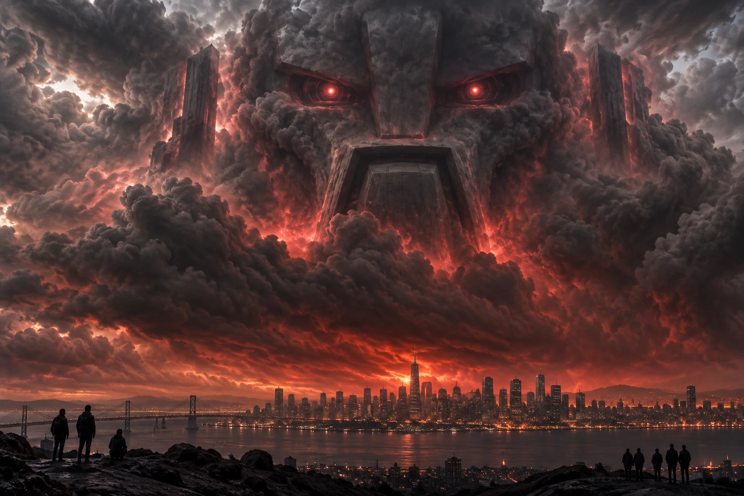 Fictional illustration for the joke: a gigantic red-eyed machine face in storm clouds towers above a city.
